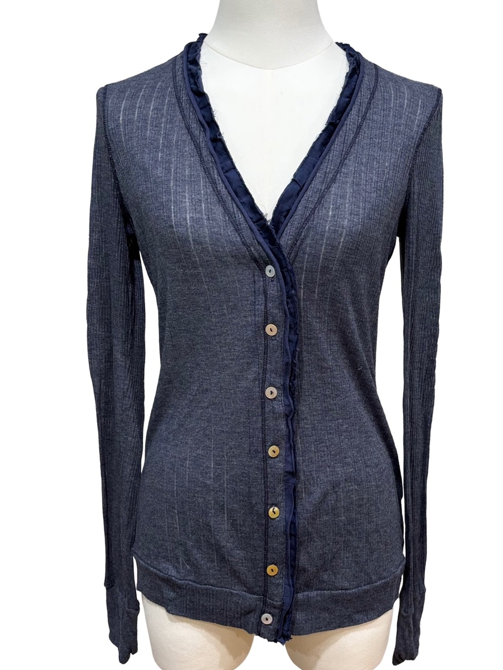 SPLENDID Navy Ribbed/Pointelle lacey Button-Front Cardigan, ribbon ruffle vneck